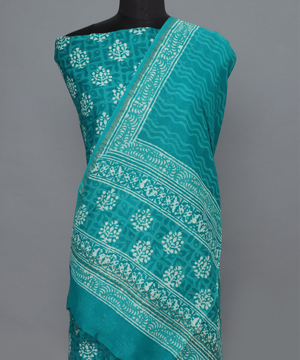 2pc Turquoise handblock print cotton silk dress material