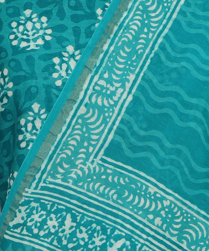 2pc Turquoise handblock print cotton silk dress material