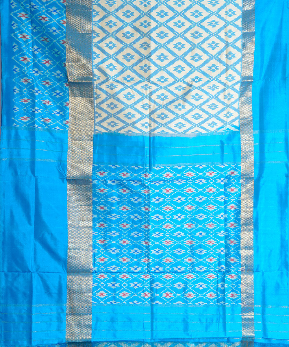Grey cyan blue handwoven pochampally ikat silk saree