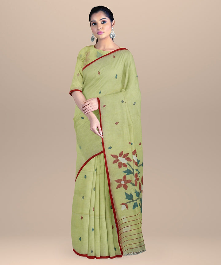 Yellow red green handloom bengal cotton saree