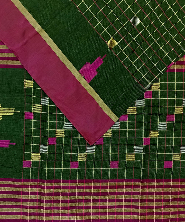 Dark green pink cotton handloom bengal saree