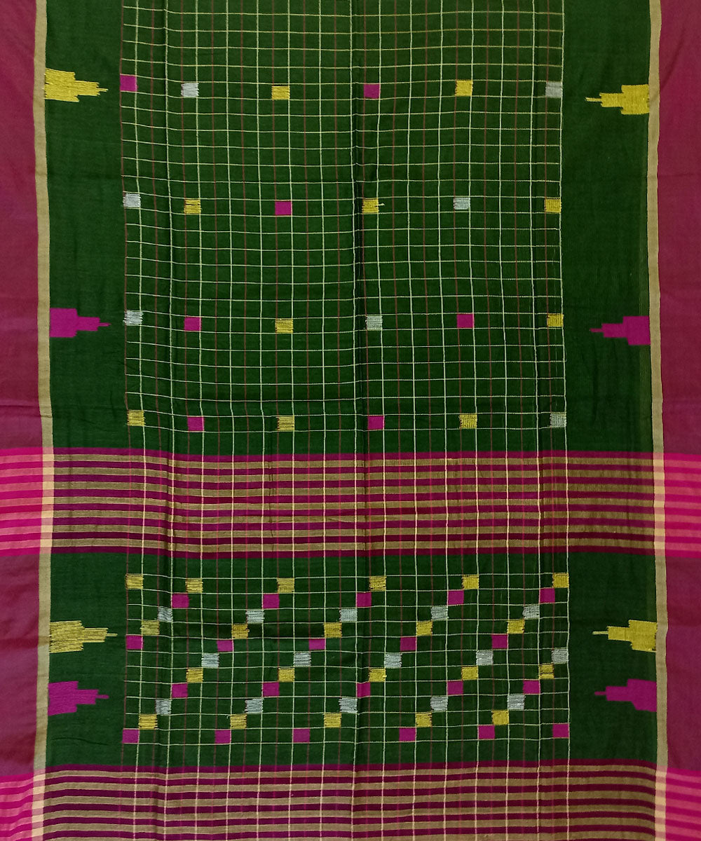 Dark green pink cotton handloom bengal saree