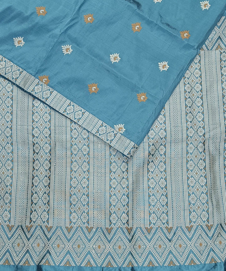 Sky blue offwhite silk handwoven assam saree