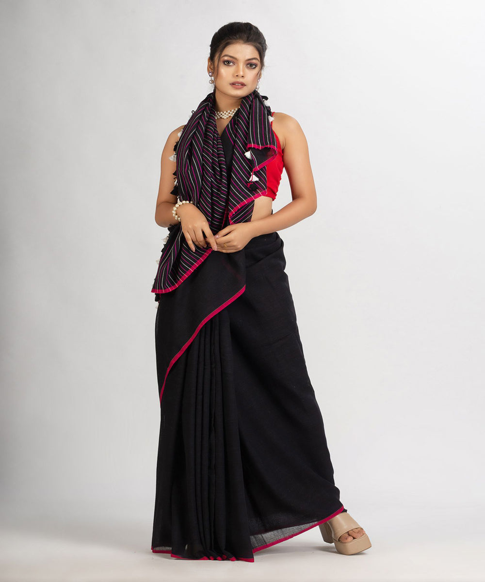 Black handwoven cotton stripes bengal saree
