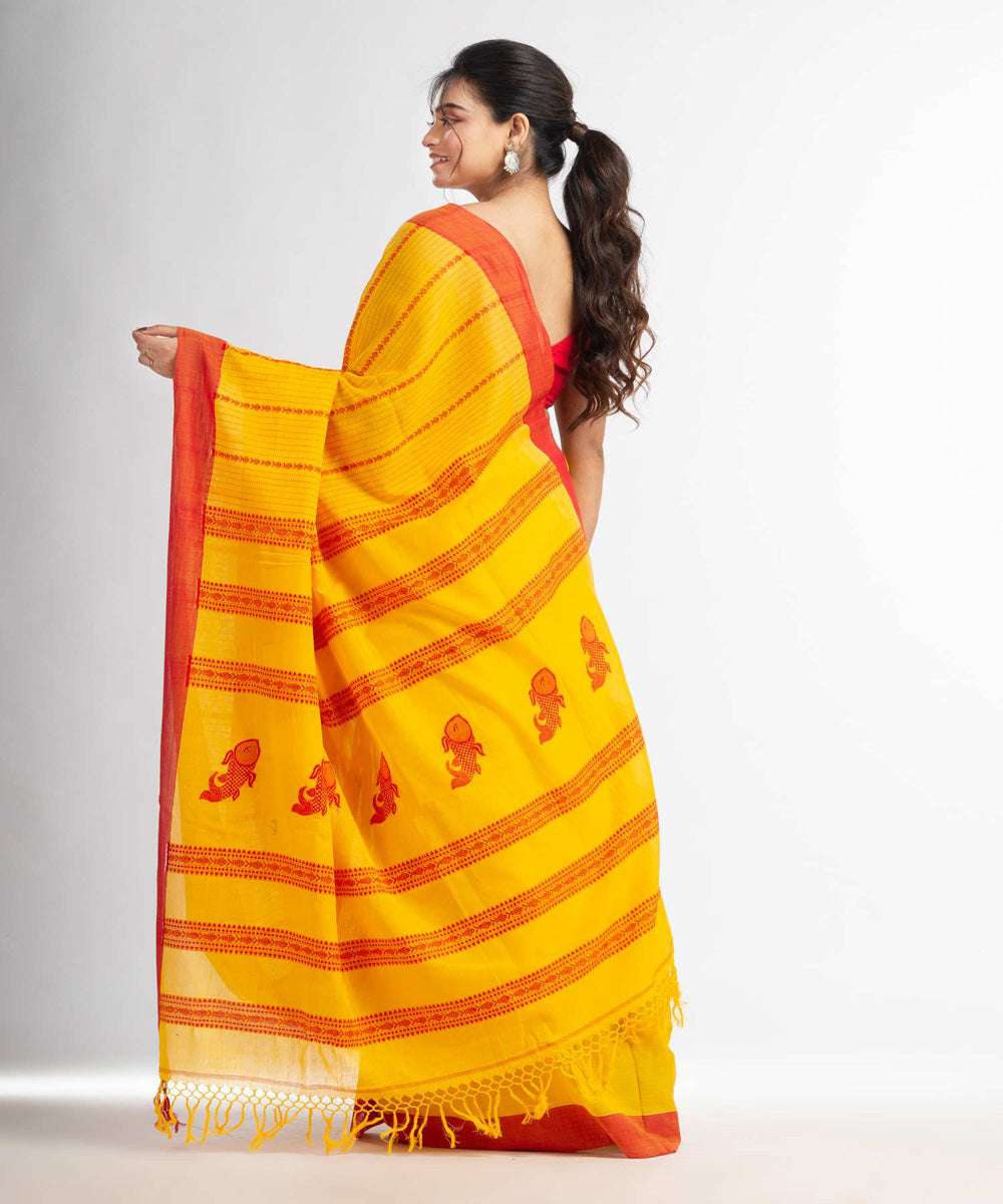Yellow red handwoven bengal cotton saree