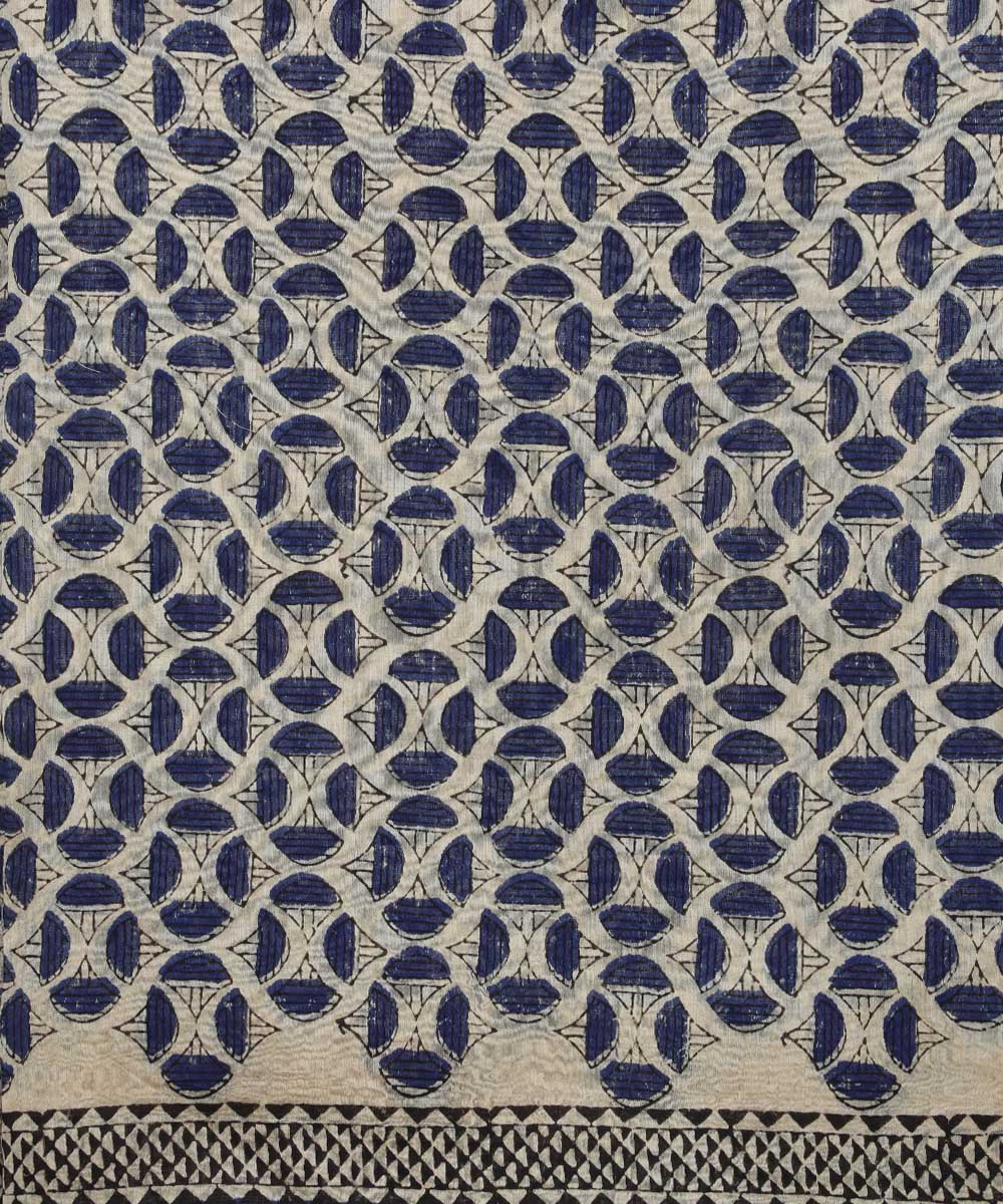 2pc Beige blue handblock print cotton silk dress material