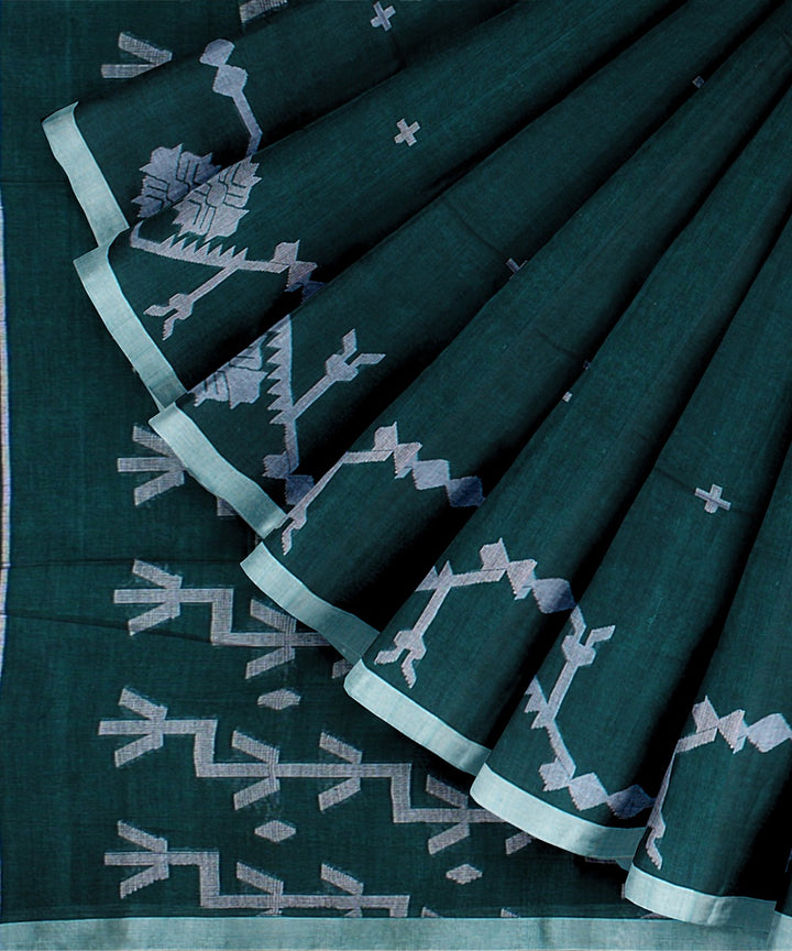 Teal green handloom cotton bengal saree