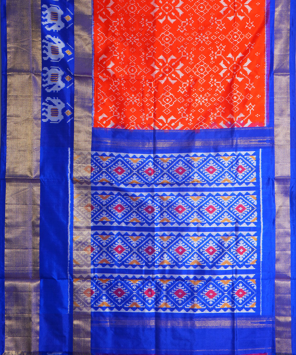 Orange blue handwoven pochampally ikat silk saree