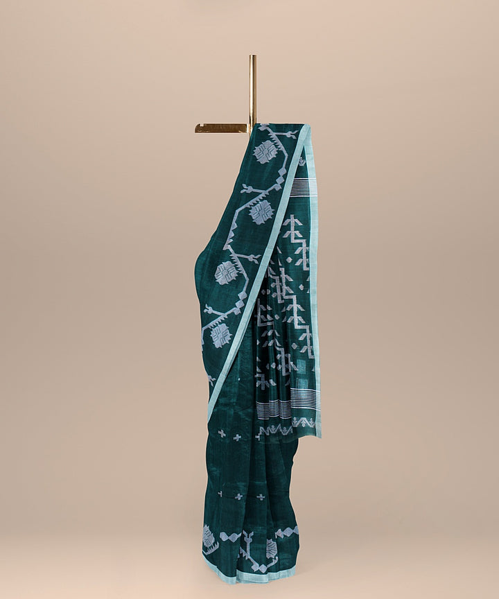 Teal green handloom cotton bengal saree