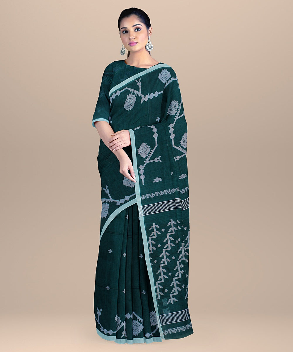 Teal green handloom cotton bengal saree