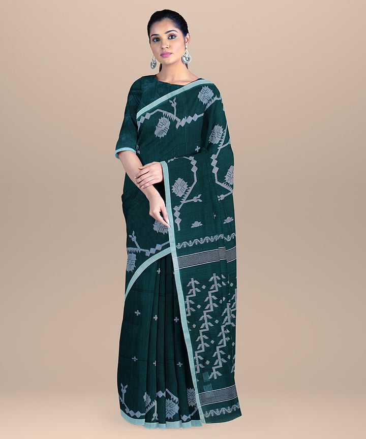 Teal green handloom cotton bengal saree