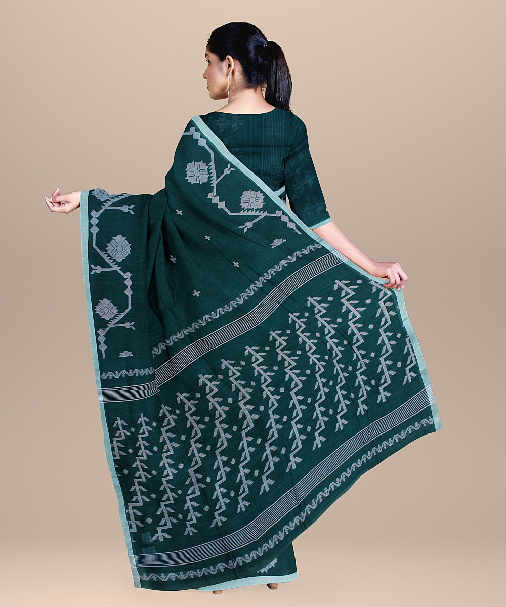 Teal green handloom cotton bengal saree