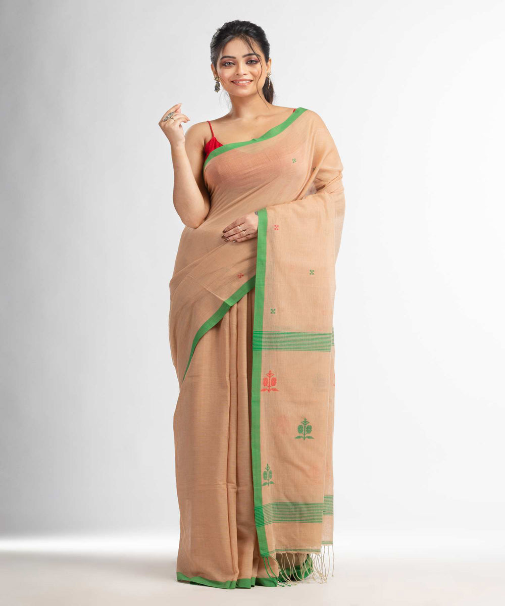 Biscuit green handwoven bengal cotton saree