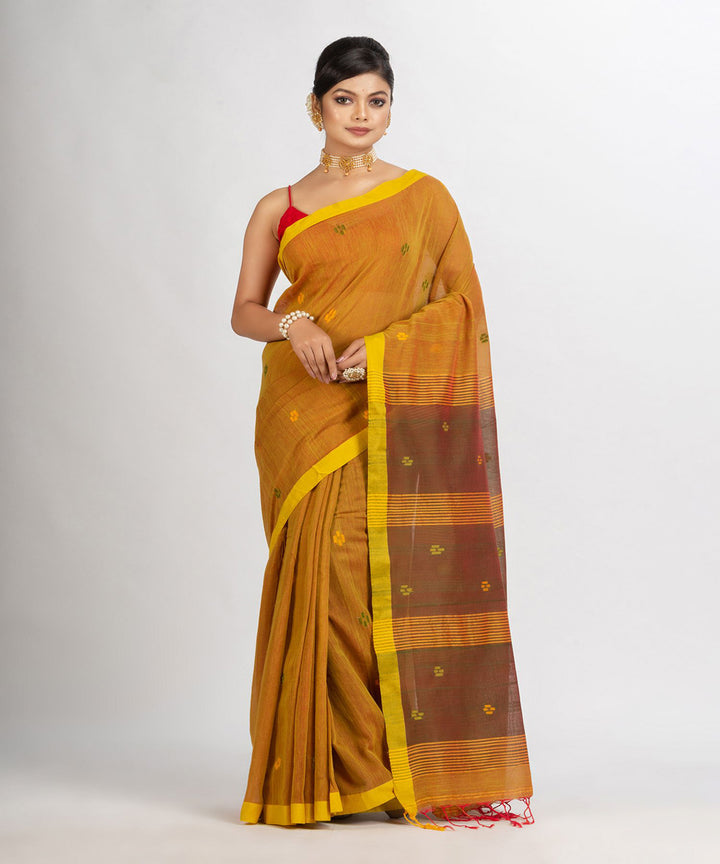 Mustard handwoven cotton bengal saree