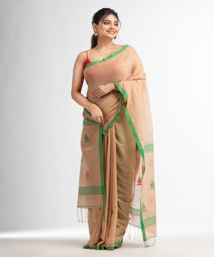 Biscuit green handwoven bengal cotton saree