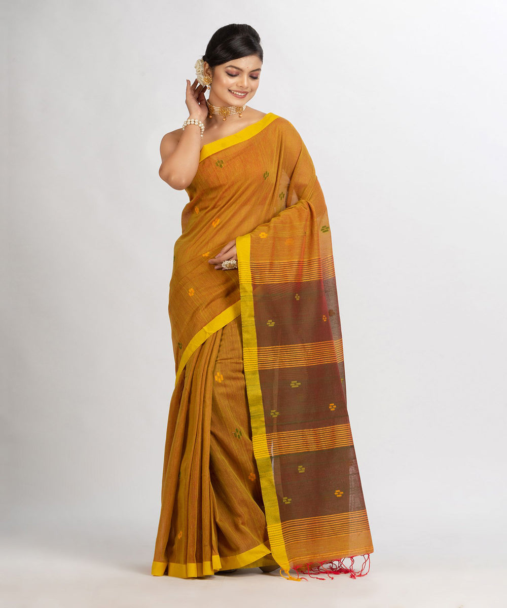 Mustard handwoven cotton bengal saree