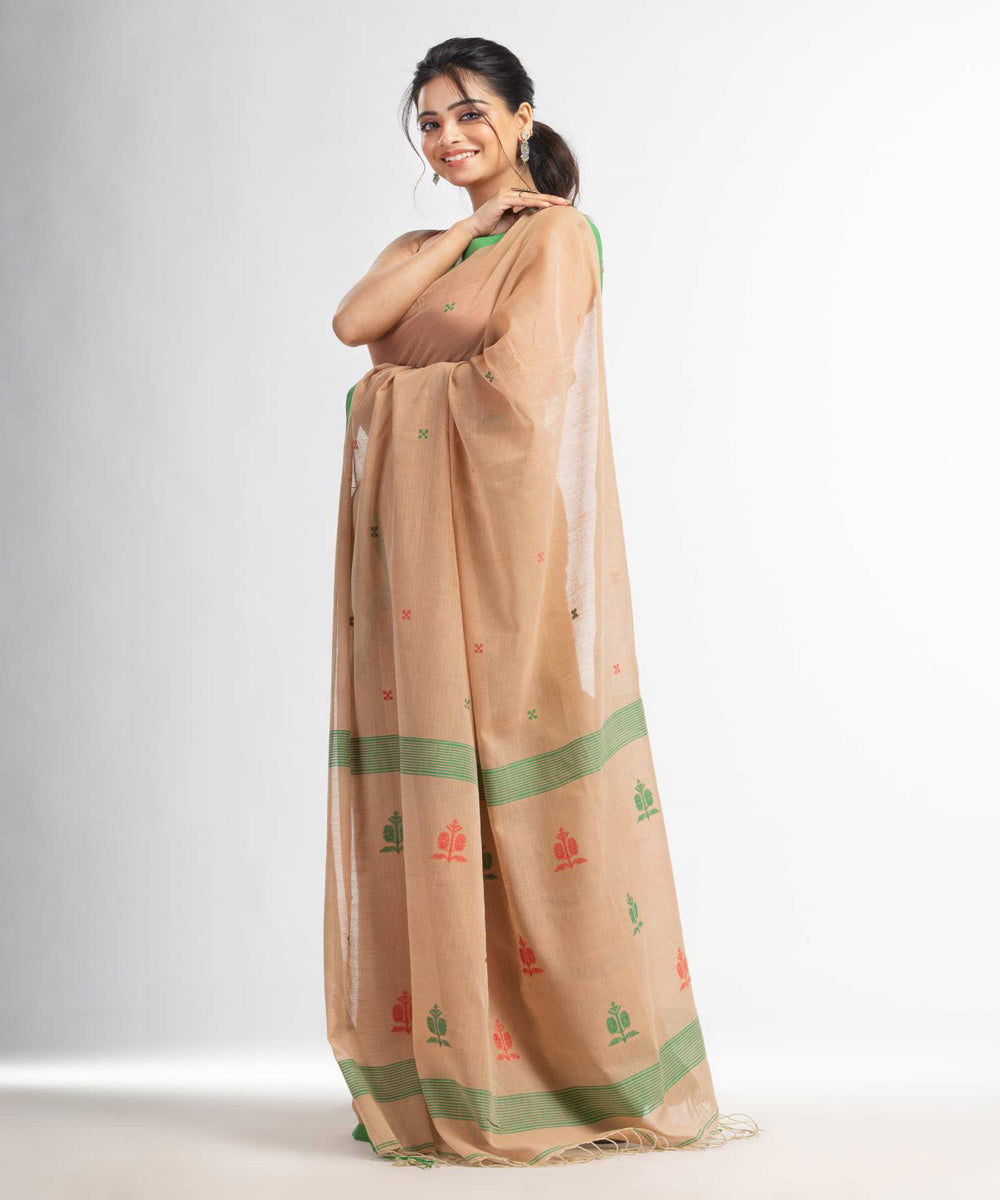 Biscuit green handwoven bengal cotton saree