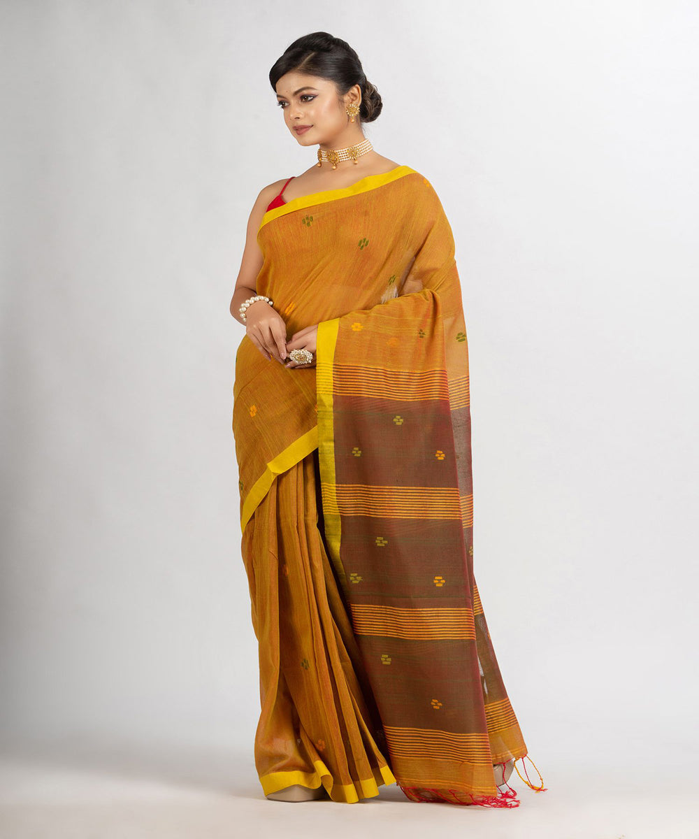 Mustard handwoven cotton bengal saree