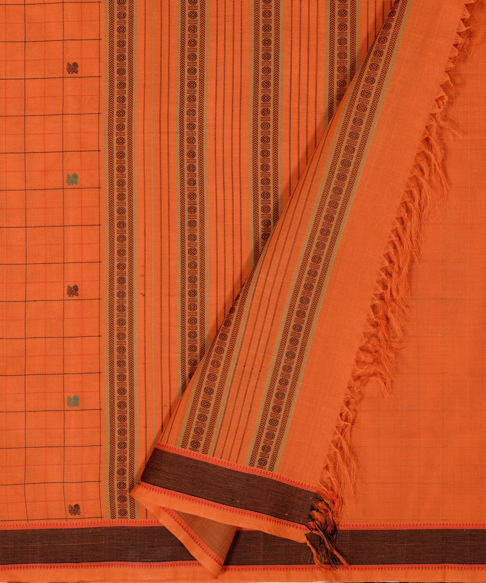 Orange checks butta cotton handloom kanchi saree