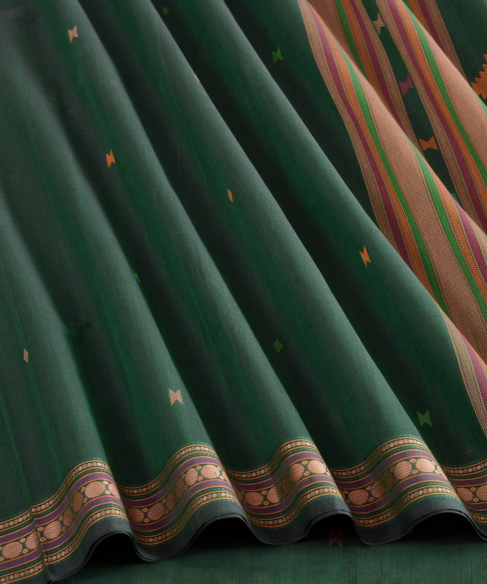 Dark green butta cotton handloom kanchi saree