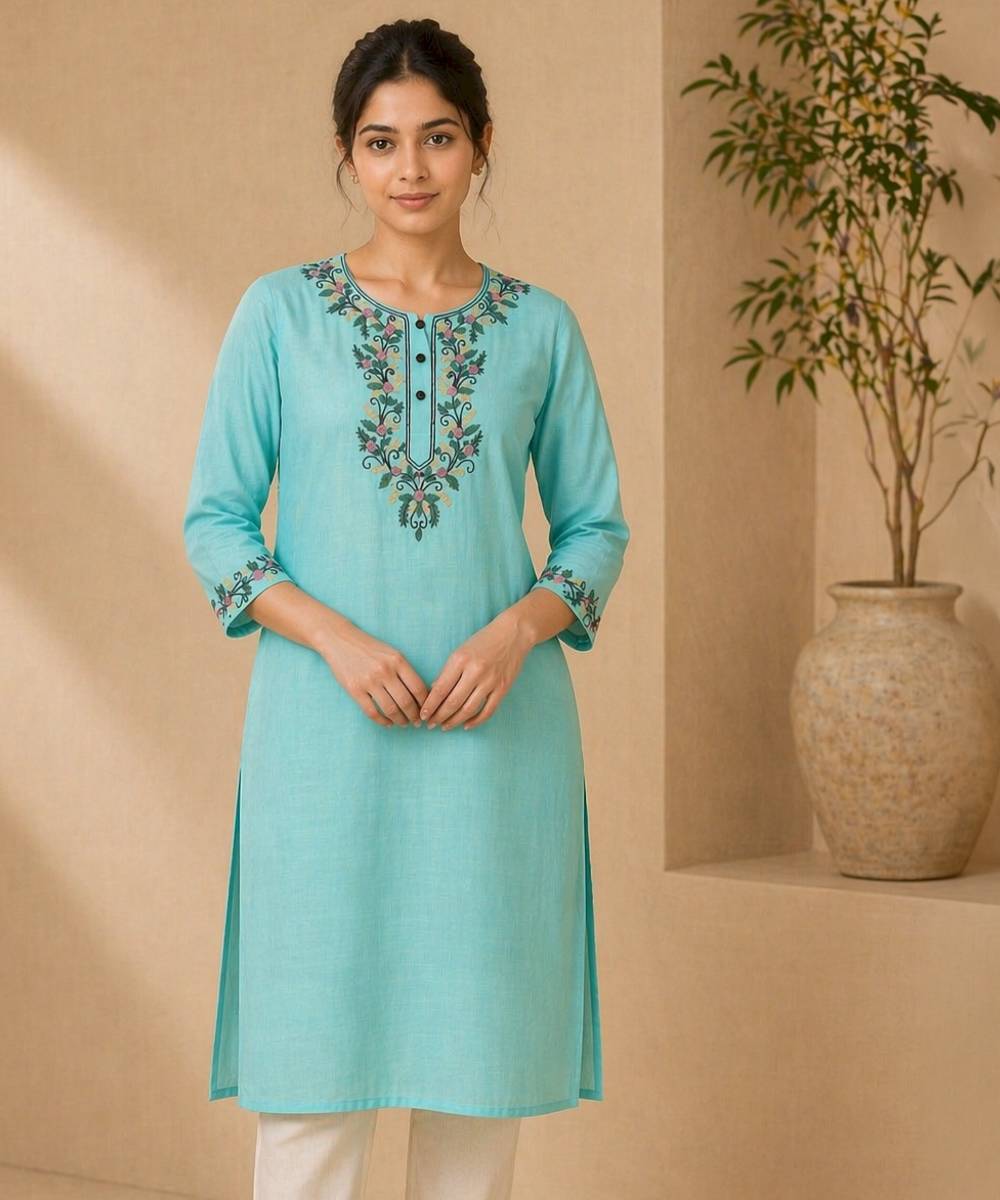 Green cotton slub embroidered kameez