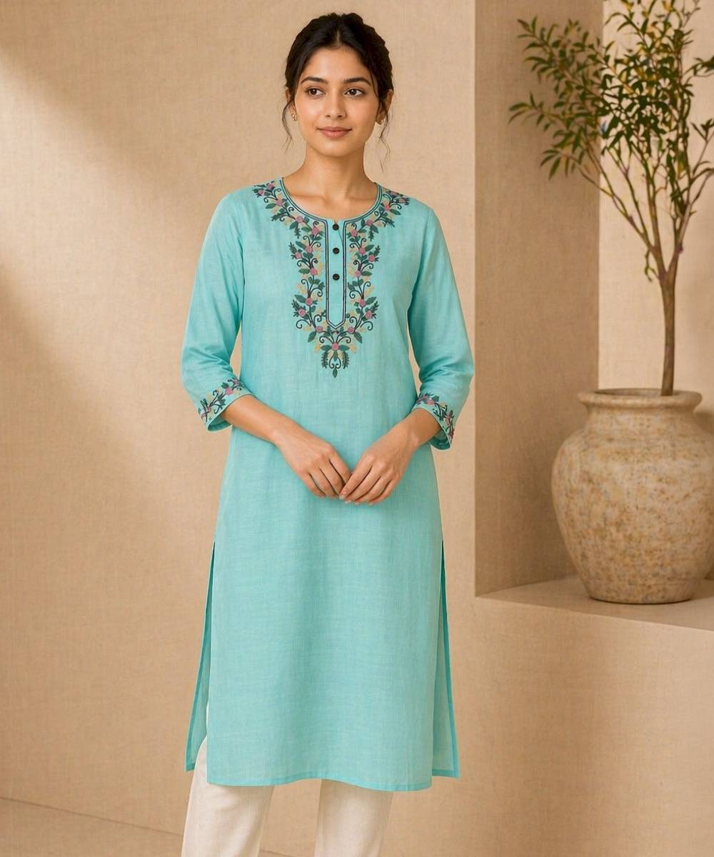Green cotton slub embroidered kameez