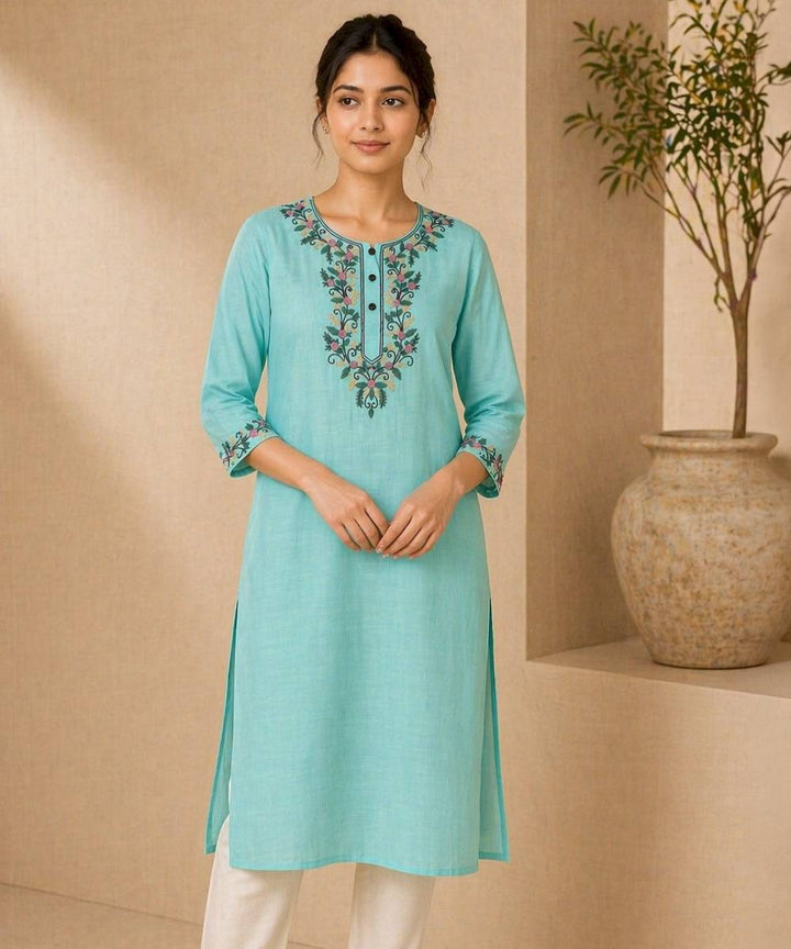 Green cotton slub embroidered kameez