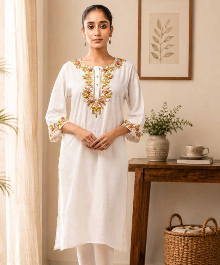 White cotton slub embroidered kameez