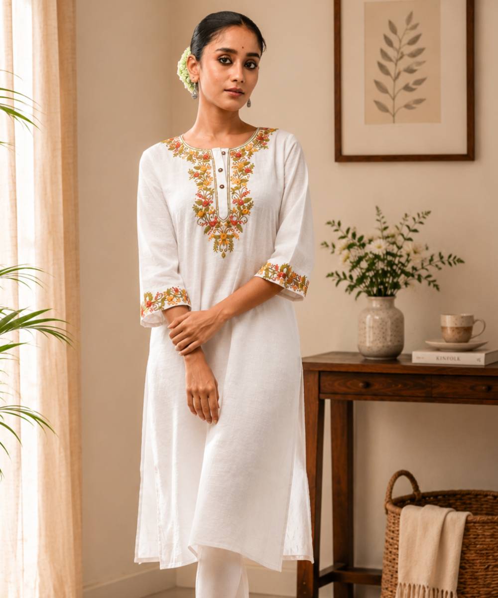 White cotton slub embroidered kameez