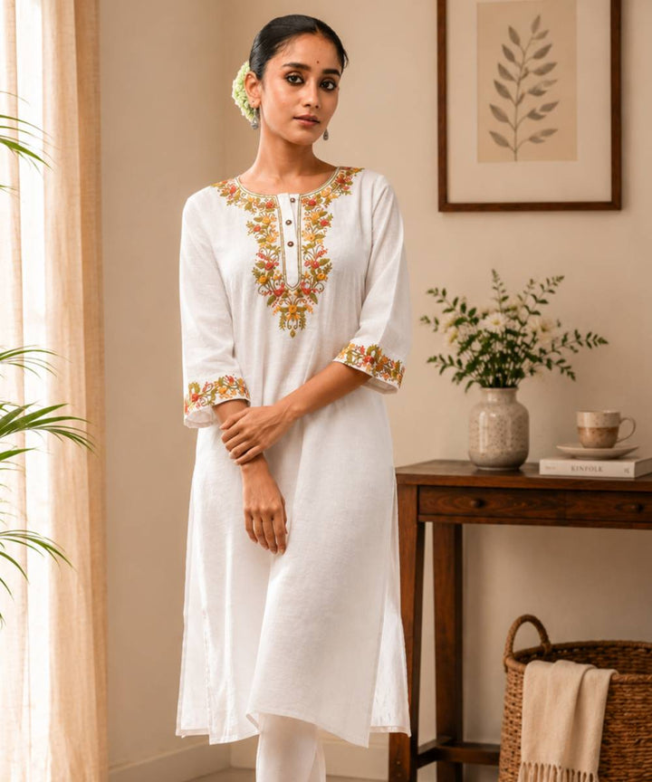 White cotton slub embroidered kameez