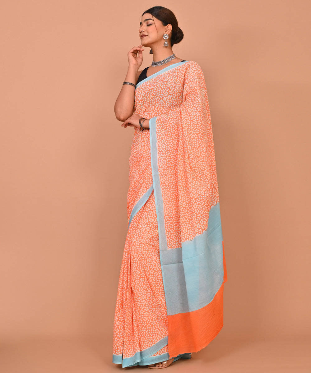 Orange offwhite cotton hand printed bagru saree
