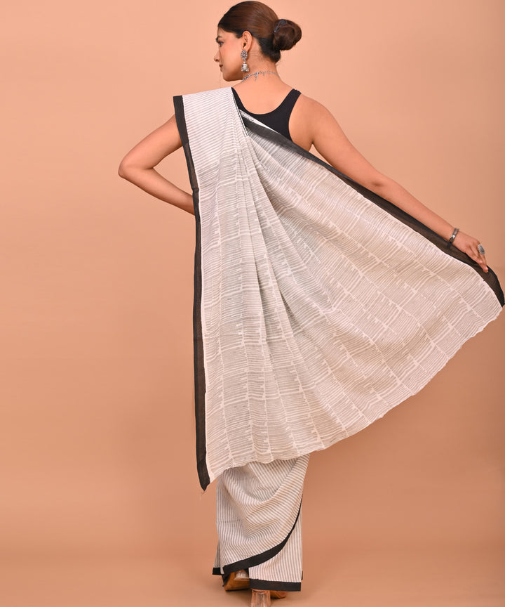 White black stripe cotton hand printed bagru saree