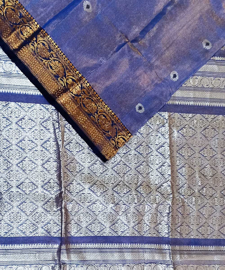 Cyan blue silver tissue handloom bengal saree