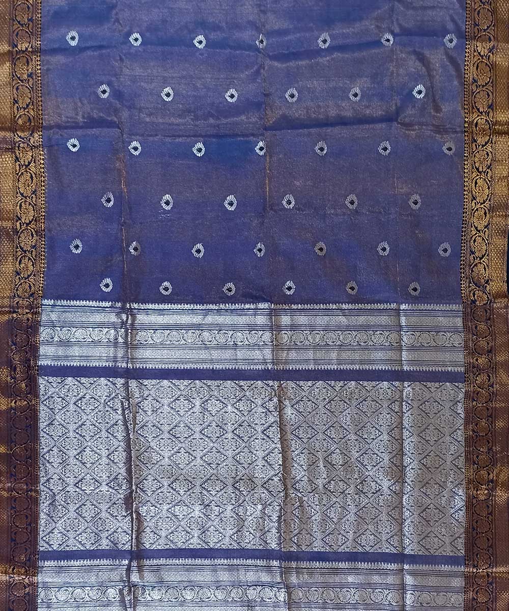 Cyan blue silver tissue handloom bengal saree