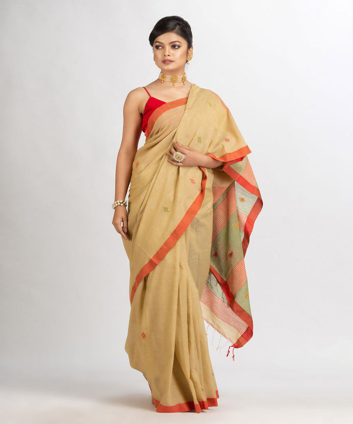 Beige handwoven cotton bengal saree