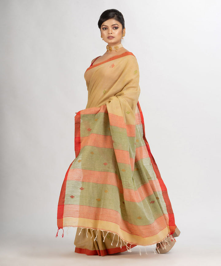 Beige handwoven cotton bengal saree