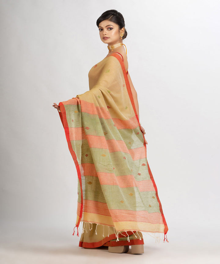 Beige handwoven cotton bengal saree