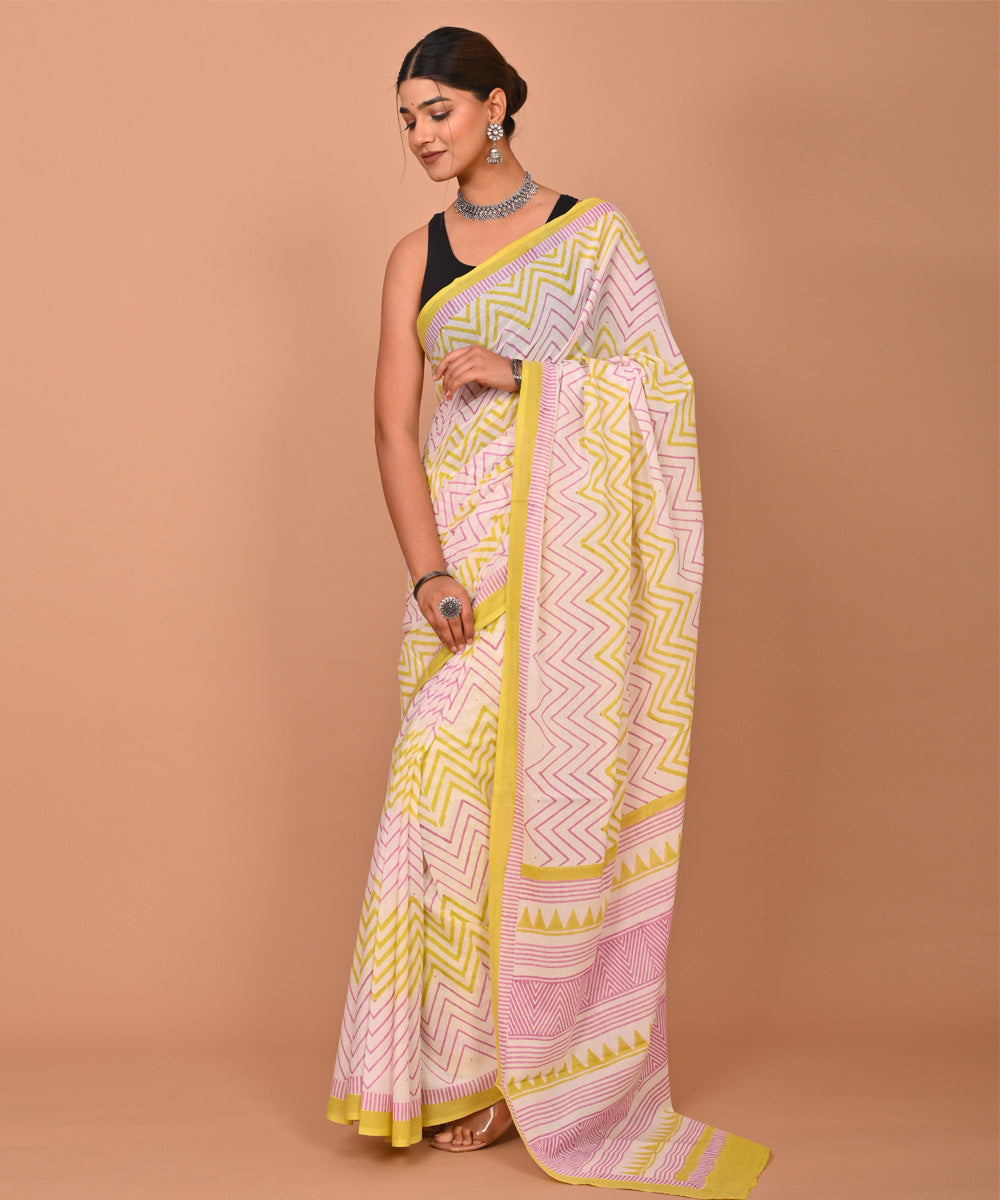 Multicolor yellow cotton hand printed bagru saree