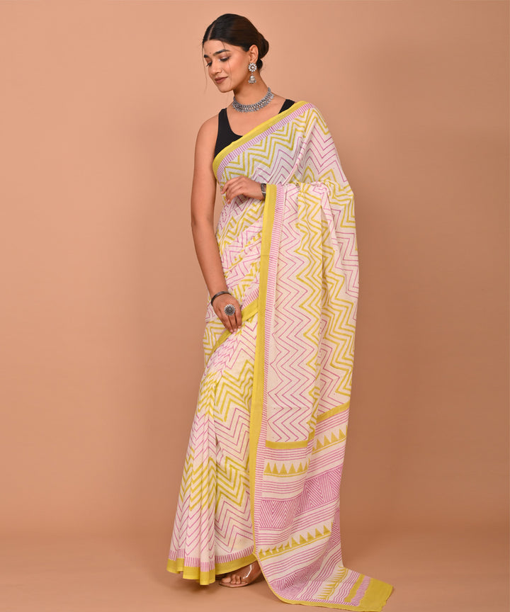 Multicolor yellow cotton hand printed bagru saree