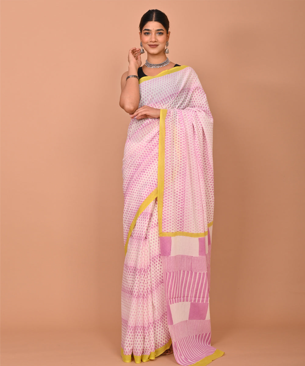 White pink cotton hand printed bagru saree