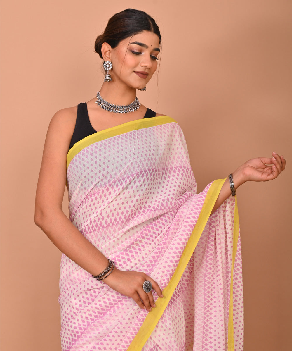 White pink cotton hand printed bagru saree