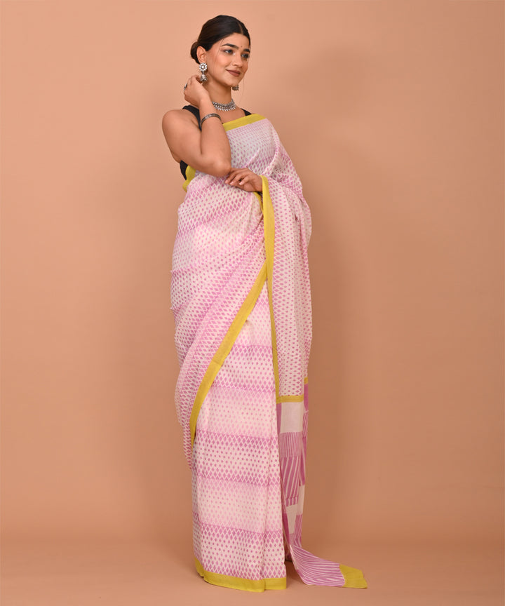 White pink cotton hand printed bagru saree