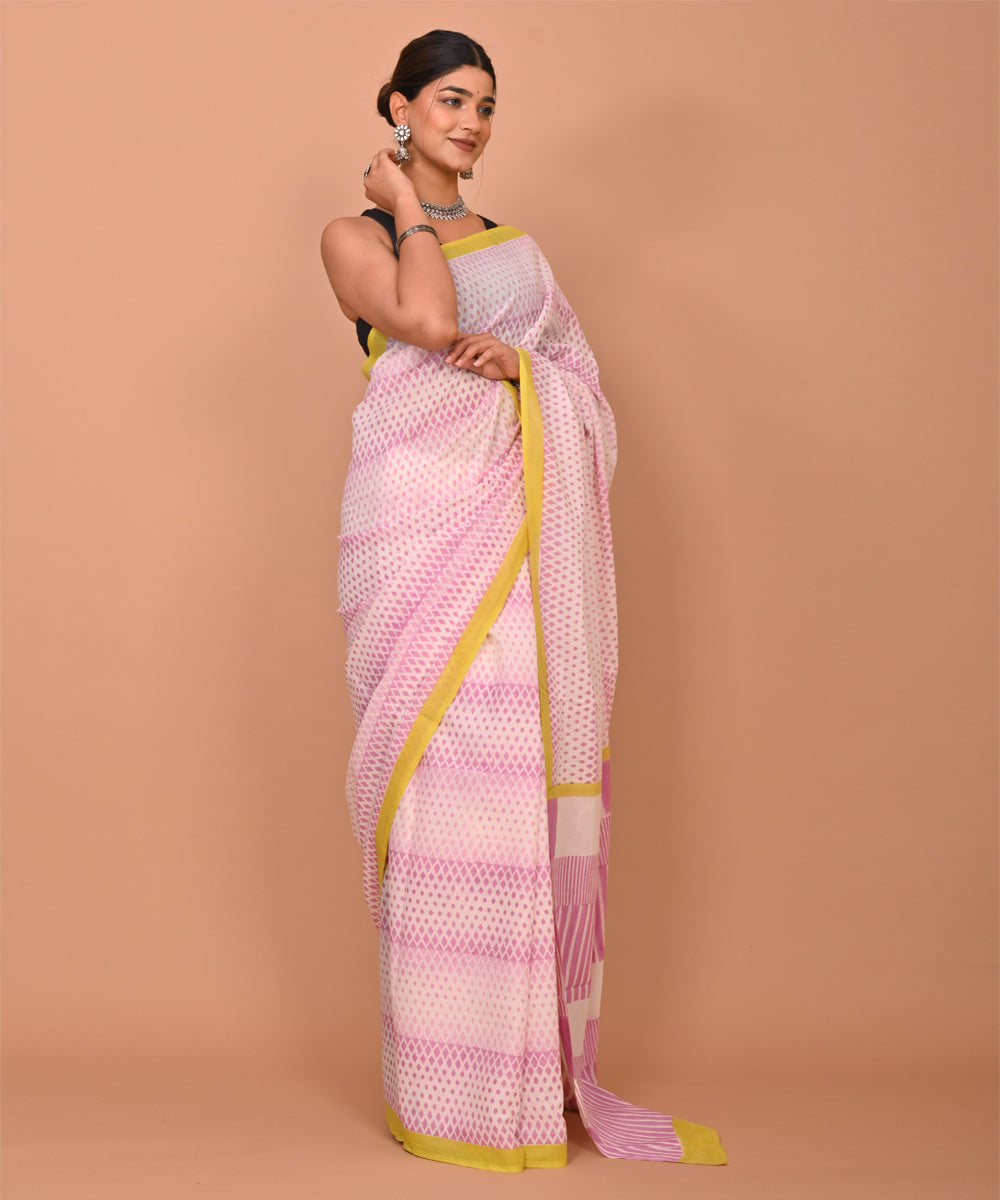 White pink cotton hand printed bagru saree