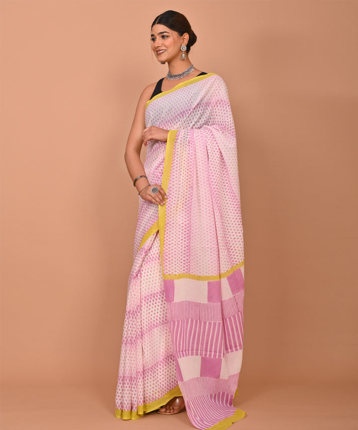 White pink cotton hand printed bagru saree