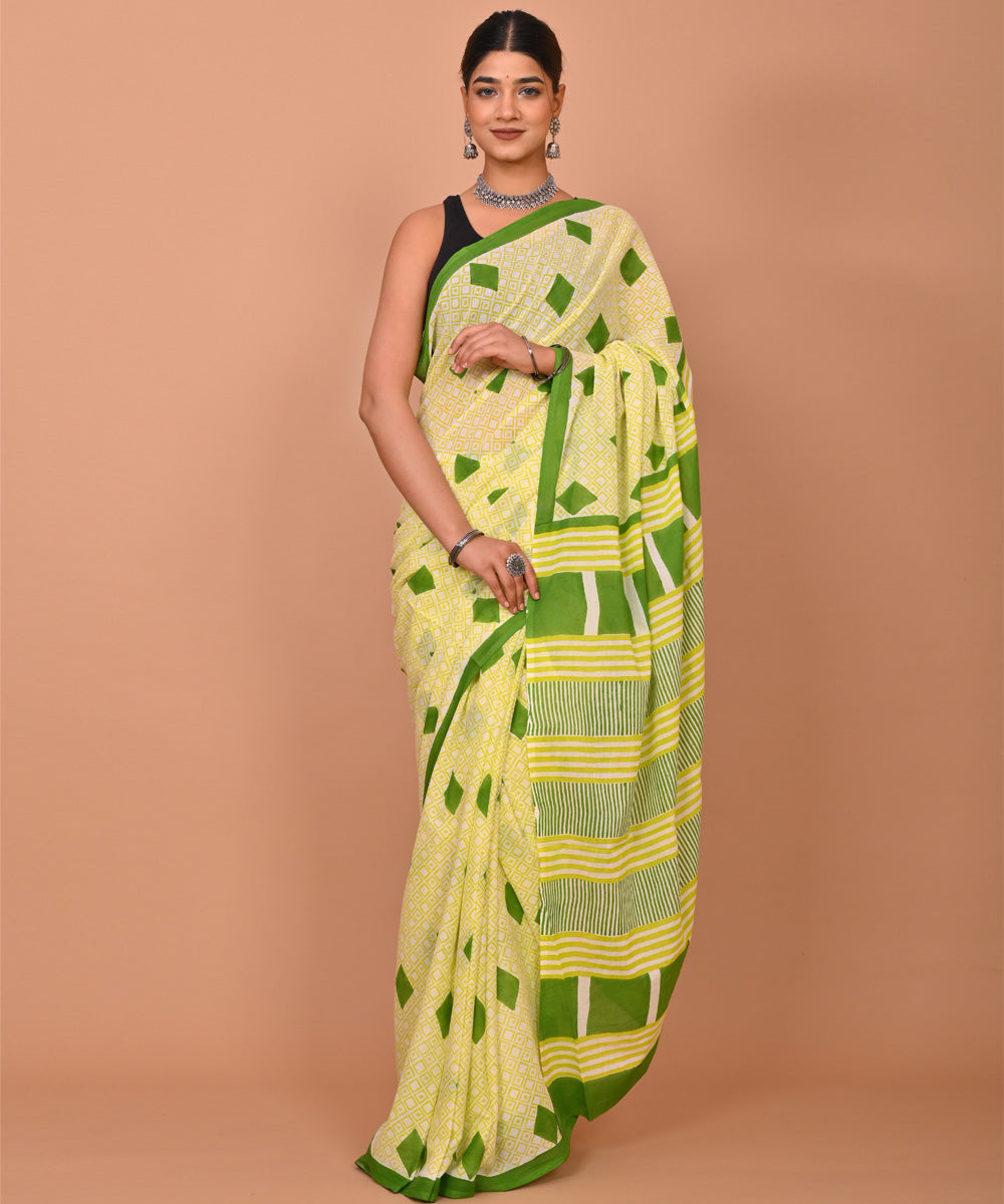 Yellow light green cotton hand printed bagru saree