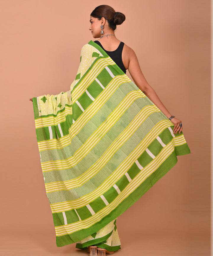 Yellow light green cotton hand printed bagru saree