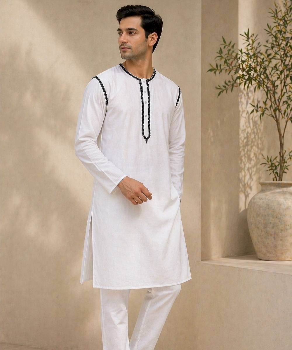 White cotton slub embroidered kurta