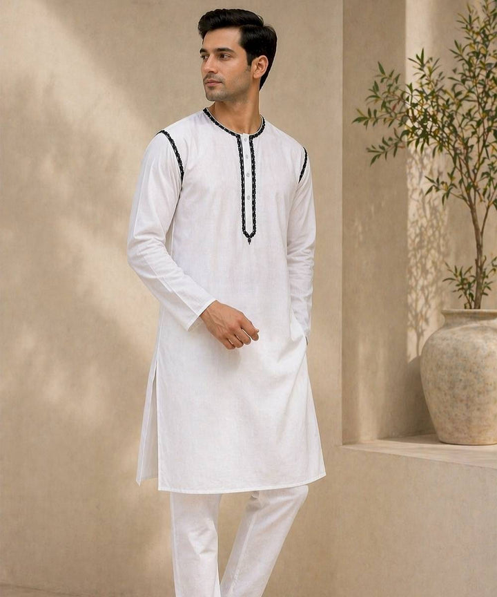 White cotton slub embroidered kurta