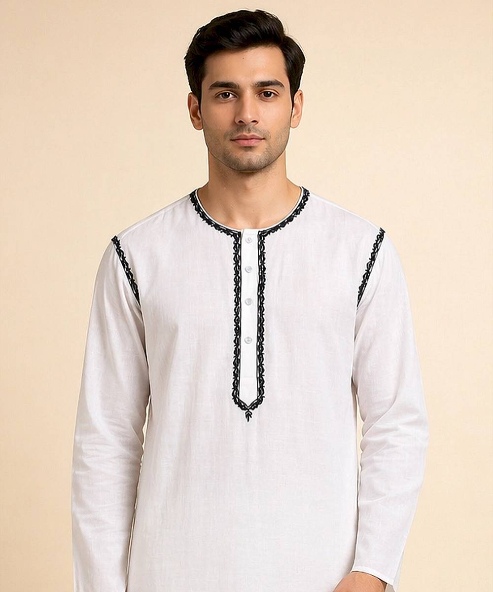 White cotton slub embroidered kurta
