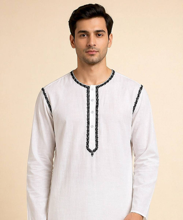 White cotton slub embroidered kurta